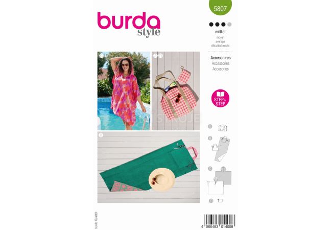 Strih Burda 5807 - Plážové pončo, skladacia podložka, plážová taška, taštička