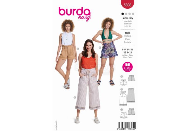 Strih Burda 5808 - Nohavice so sťahovaním v páse, šortky, kraťasky, culottes