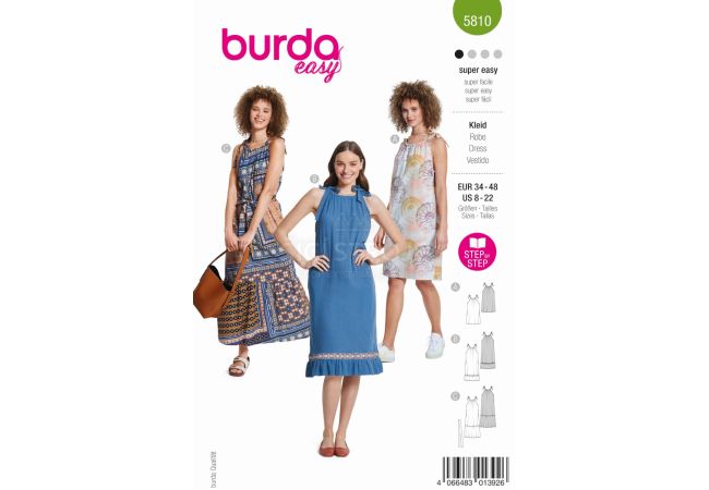 Strih Burda 5810 - Šaty so zaväzovacími ramienkami, maxi šaty, mušelínové šaty