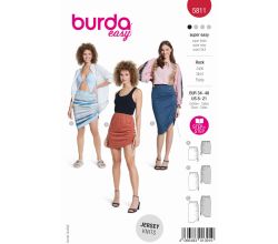 Strih Burda 5811 - Sukne s gumou v páse a sťahovaním na boku, mini sukne