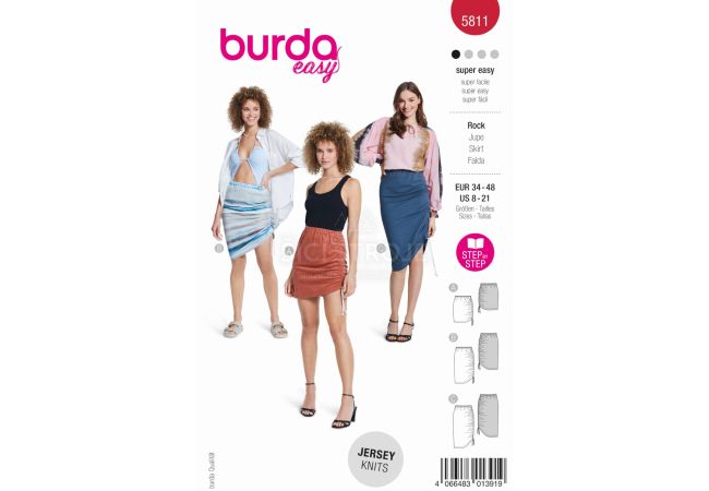 Strih Burda 5811 - Sukne s gumou v páse a sťahovaním na boku, mini sukne