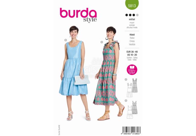 Strih Burda 5813 - Šaty na ramienka s volánikmi, balónové šaty