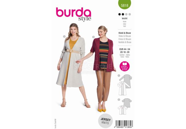 Strih Burda 5818 - Tričkové šaty, tričko, kardigan, kabátik, twin-set