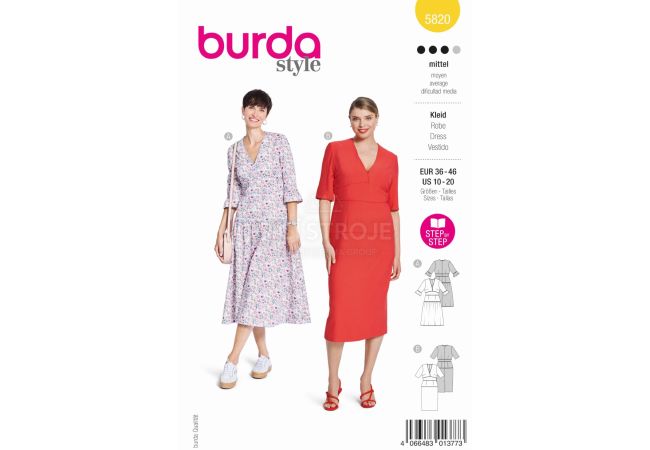 Strih Burda 5820 - Puzdrové šaty, šaty s volánikmi, boho šaty