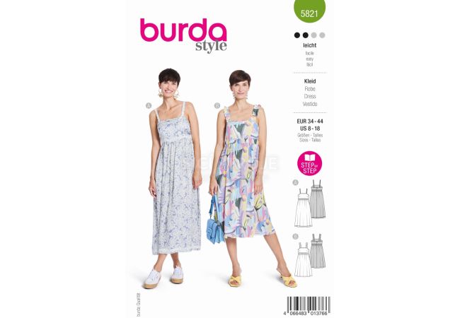 Strih Burda 5821 - Empírové šaty na ramienka, maxi šaty