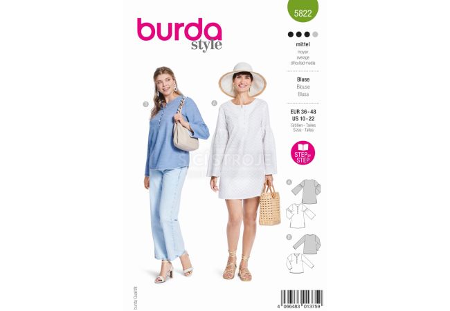 Strih Burda 5822 - Tunikové šaty s gombíkmi, tunika