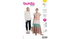 Strih Burda 5823 - Šaty so sťahovaním v páse, maxi šaty, blúzka so stojačikom