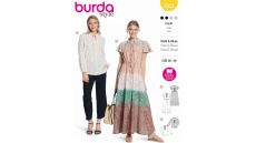Strih Burda 5823 - Šaty so sťahovaním v páse, maxi šaty, blúzka so stojačikom