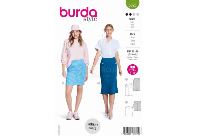 Strih Burda 5825 - Úzka sukňa s tvarujúcim pásom, mini sukňa