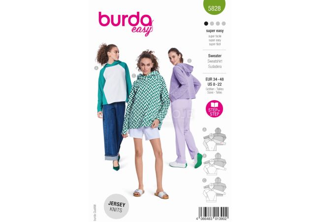 Strih Burda 5828 - Voľná mikina s kapucňou