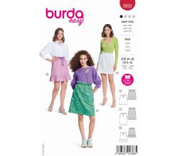 Strih Burda 5832 - Sukne so sťahovaním v páse, mini sukne, tepláková sukňa