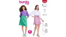 Strih Burda 5832 - Sukne so sťahovaním v páse, mini sukne, tepláková sukňa