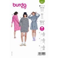 Strih Burda 5851 - Mikinové šaty s kapucňou, tričkové šaty