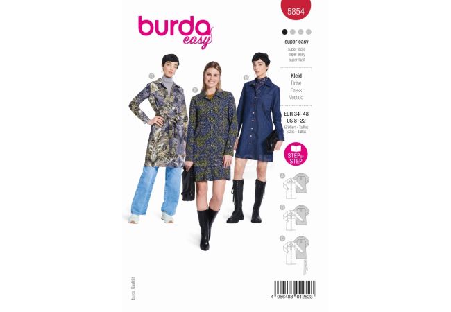 Strih Burda 5854 - Košeľové šaty, džínsové šaty