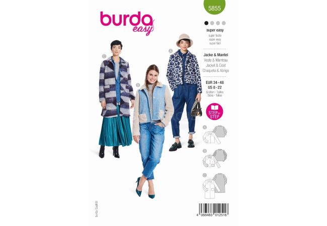 Strih Burda 5855 - Rovný kabát, plyšová bunda