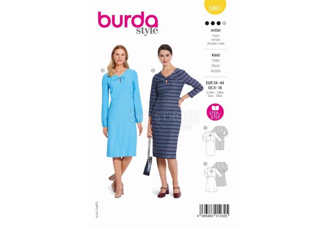 Strih Burda 5861 - Puzdrové šaty, šaty s detailom mašle