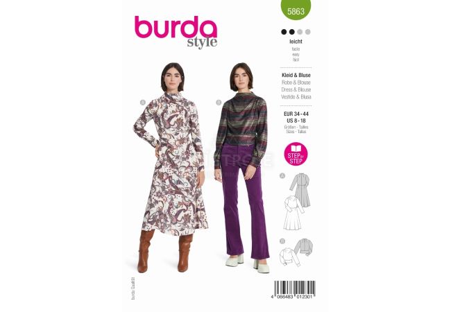 Strih Burda 5863 - Šaty a blúzka s rolákovým golierom