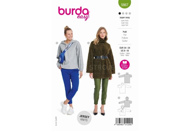 Strih Burda 5867 - Dlhá mikina s rolákom, mikina s kapucňou