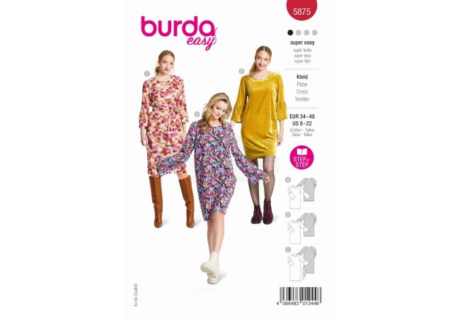 Strih Burda 5875 - Tričkové šaty s dlhým rukávom