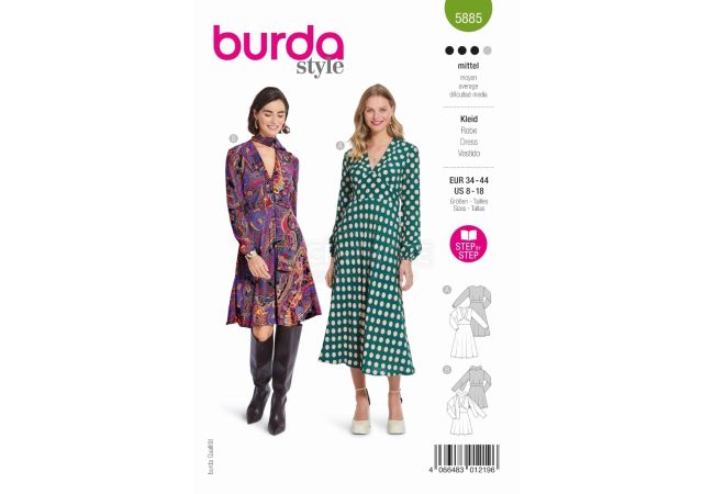Strih Burda 5885 - Šaty s rozšírenou sukňou
