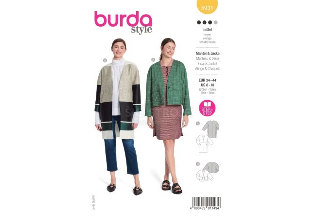 Strih Burda 5931 - Rovný kabát, sako, oversized