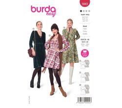 Strih Burda 5943 - Zavinovacie šaty s gumou v páse, zamatové šaty