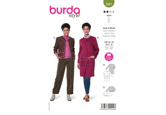 Strih Burda 5951 - Ľahký kabát, semišový kabát, krátke sako