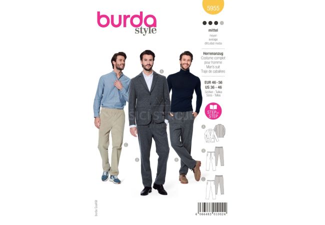 Strih Burda 5955 - Pánsky ležérny oblek, sako, teplákové nohavice