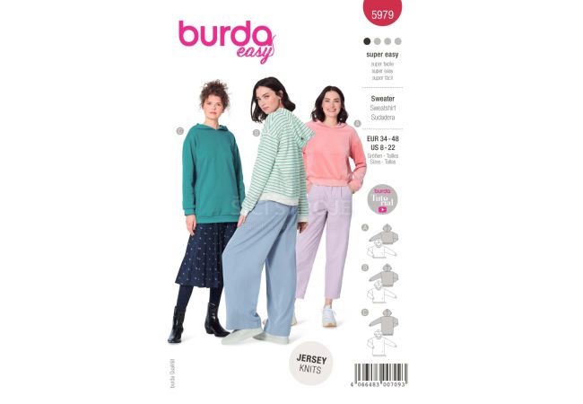 Strih Burda 5979 - Mikina s kapucňou, dlhá mikina, fleecová mikina