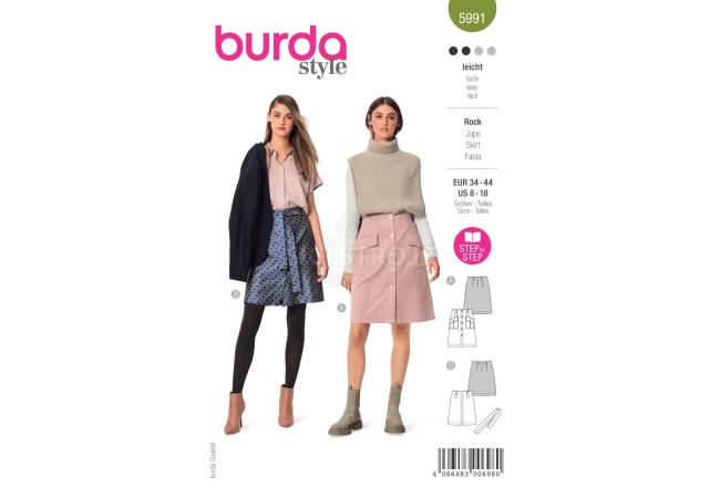 Strih Burda 5991 - Prepínacia sukňa s vysokým pásom, áčková sukňa, džínsová sukňa