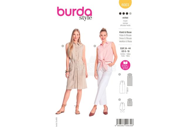 Strih Burda 6003 - Košeľové šaty, košele bez rukávov