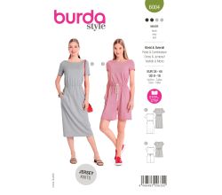 Strih Burda 6004 - Tričkové šaty s gumou v páse, overal