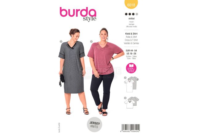 Strih Burda 6018 - Rovné šaty so zdobeným V-výstrihom, tričko