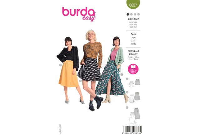 Strih Burda 6027 - Sukňa s gumou v páse, dlhá sukňa