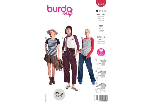 Strih Burda 6028 - Tričko s kontrastnými rukávmi