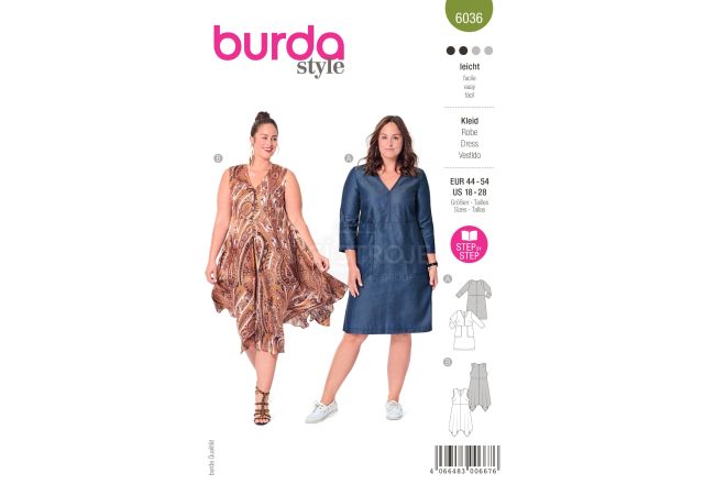 Strih Burda 6036 - Športové šaty s vreckami, voľné šaty