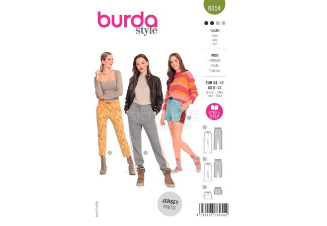 Strih Burda 6054 - Nohavice s gumou v páse, teplákové nohavice, šortky