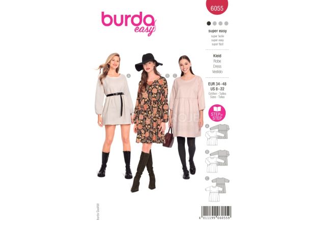 Strih Burda 6055 - Voľné šaty, pohodlné šaty