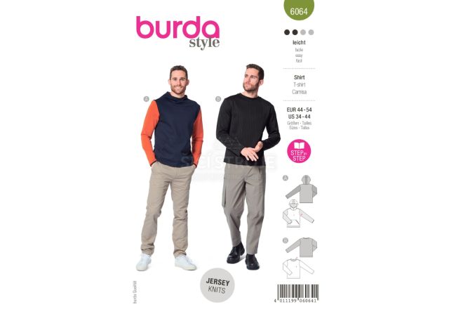 Strih Burda 6064 - Pánske tričko s dlhým rukávom, mikina s kapucňou