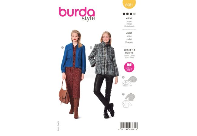 Strih Burda 6081 - Bunda, sako na zips s vysokým golierom