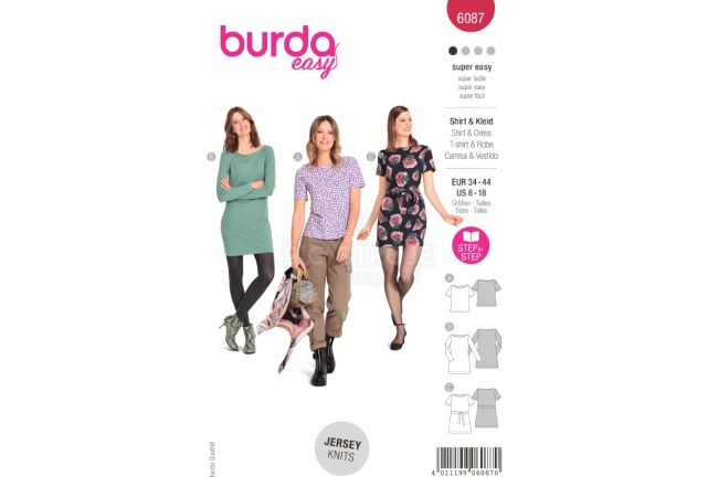 Strih Burda 6087 - Tričko s lodičkovým výstrihom, tričkové šaty