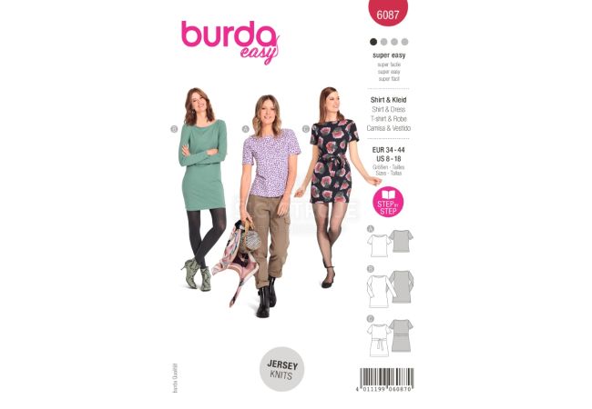 Strih Burda 6087 - Tričko s lodičkovým výstrihom, tričkové šaty
