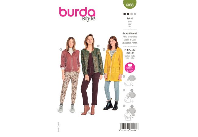 Strih Burda 6088 - Mikina na zips s kapucňou, sako na zips, dlhá bunda s kapucňou, pláštenka