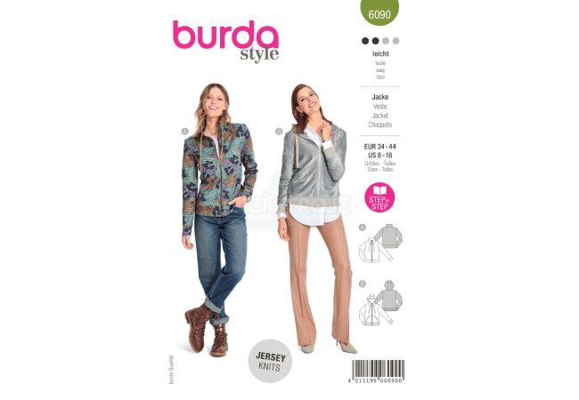 Strih Burda 6090 - Mikina na zips s kapucňou, mikina s vysokým golierom