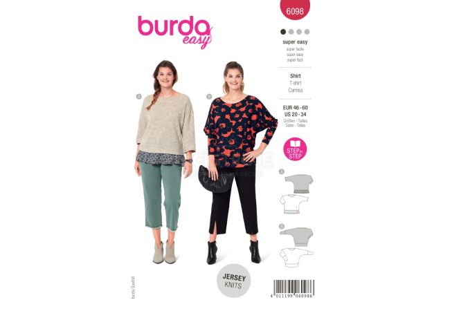 Strih Burda 6098 - Voľné tričko s 3/4 rukávom pre plnoštíhle