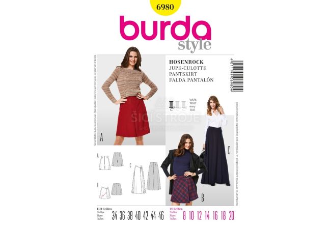 Strih Burda 6980 - Zavinovacia nohavicová sukňa, culottes