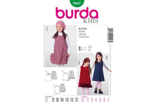Strih Burda 9447 - Detské áčkové šaty, balónové šaty