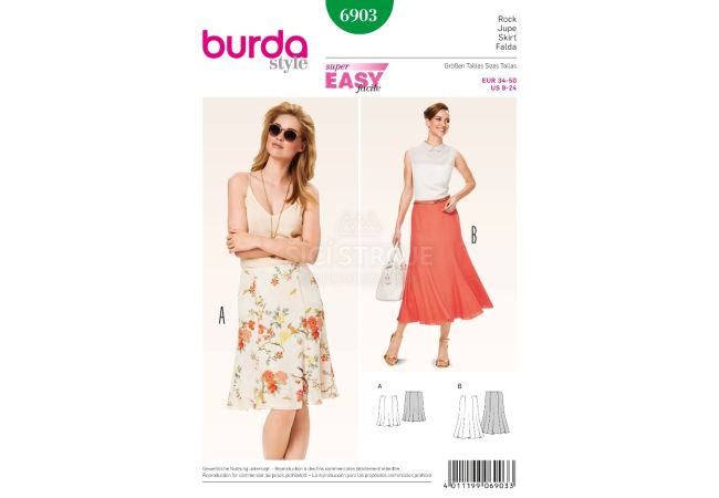 Strih Burda 6903 - Jednoduchá zvonová sukňa, dlhá letná sukňa
