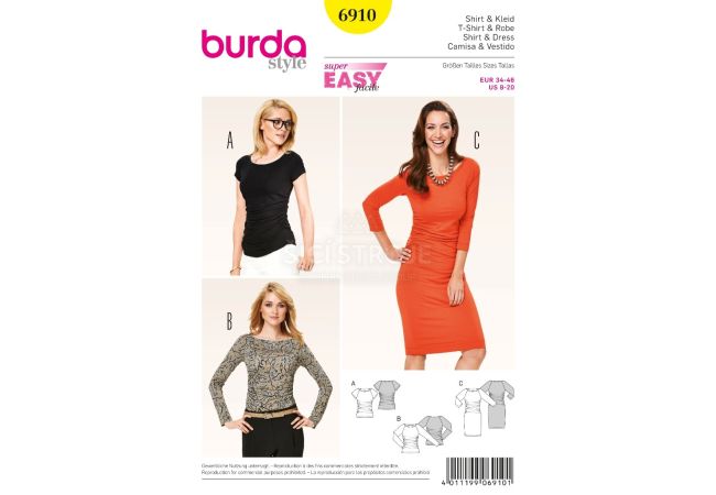 Strih Burda 6910 - Tričko, jednoduché žerzejové šaty