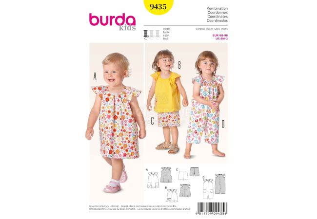 Strih Burda 9435 - Detské šaty, blúzka, kraťasy, overal